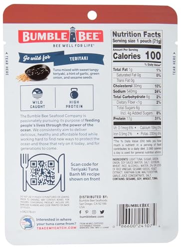 Bumble Bee Teriyaki Seasoned Tuna Pouch - Ready to Eat, Wild Caught Fish for Snack, Salad, Korean Tuna Bowl - 17g Protein per Serving - PERFECT, PORTABLE, GOODNESS - 2.5 oz Packet (Pack of 12)