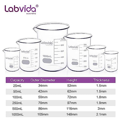 Upgrated 6 Size Low Form Glass Beaker Set, 25ml 50ml 100ml 250ml 500ml 1000ml, 3.3 Boro Glass beakers with Printed Graduation, LVA019