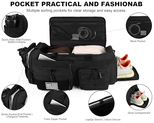 LHI 50L Tactical Duffle Bag for Men, 3-in-1 Gym Duffle and Backpack, Shoe Compartment, Laptop Sleeve and MOLLE, Carry-On Travel Weekender and Overnight Bag – Black - color: Black
