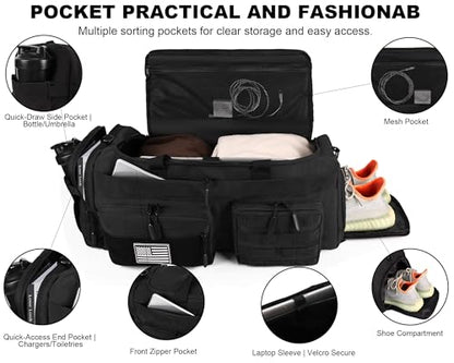 LHI 50L Tactical Duffle Bag for Men, 3-in-1 Gym Duffle and Backpack, Shoe Compartment, Laptop Sleeve and MOLLE, Carry-On Travel Weekender and Overnight Bag – Black - color: Black