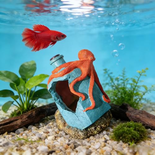 Resin Octopus and Broken Bottle Aquarium Ornament, Fish Tank Decor Hideout for Shrimp and Small Aquatic Species, Blue