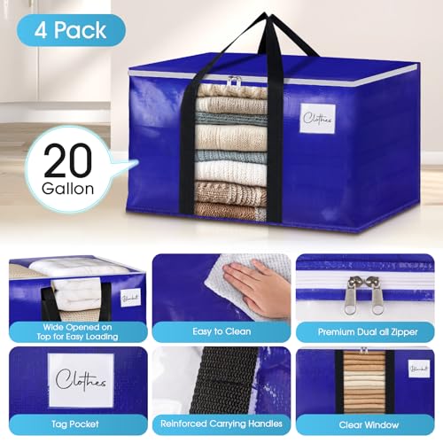 BlissTotes 4 Pack Moving Bags with Clear Window, Storage Bags with Strong Carrying Handles & Zippers,Large Packing Bags for Saving Space, Alternative to Moving Boxes(Blue,20 Gallon)