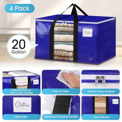 BlissTotes 4 Pack Moving Bags with Clear Window, Storage Bags with Strong Carrying Handles & Zippers,Large Packing Bags for Saving Space, Alternative to Moving Boxes(Blue,20 Gallon)