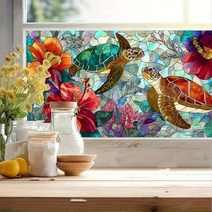 Window Film Sea Turtle Tropical Flower Design PVC Privacy Window Film for Glass Panels 39.3x17.7 Inches Bathroom Living Room Stained Glass Windows Film Static Cling Decorative Home Decor