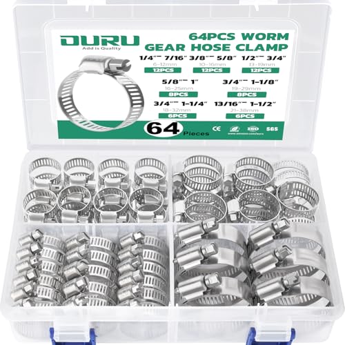 64PCS Hose Clamps Stainless Steel Assortment Adjustable 1/4"-1-1/2"(6-38mm) Worm Gear Hose Clamp, Heavy Duty Metal Small Hose Clamps for Automotive, Pipe, Radiator Plumbing, Fuel Line - size: 64PCS KIT-HOSE CLAMP(1/4"-1-1/2")