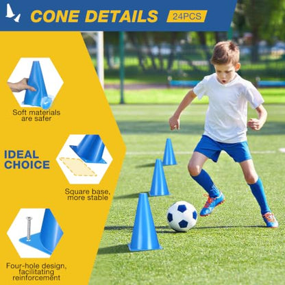 24pcs Cones 9 Inch Soccer Cones and Plastic Traffic Cones, Durable Cones for Sports Training, Ideal for Soccer, Basketball, Football, Skating, and Agility Drills Practice - color: blue