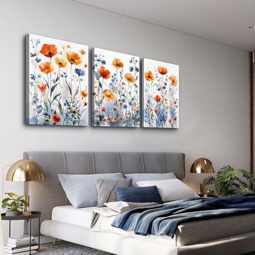 TTHYUEWS Boho Wall Art for Living Room & Bedroom - Modern Wall Decorations - 3 Piece Set - Flowers Watercolour Paintings & Posters - Home Decor