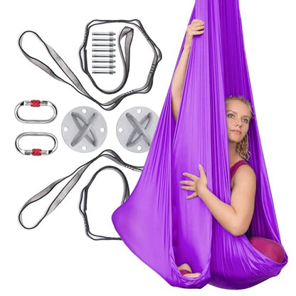 AyuHome Aerial Silks Yoga Swing Aerial Hammock Kit for Home | Premium aerial silks yoga swing kit with rigging hardware for aerial yoga, gymnastics, and home fitness - color: Aerial silk - Purple New