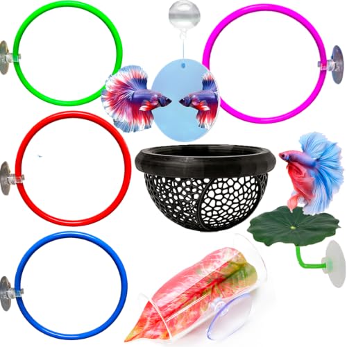 8 pcs Betta Fish Enrichment Toys Fish Exercise Rings Floating Betta Hide Shrimp Cave Tank Hammock Feeder Mirror Resting Spot for Small Fish Training Feeding Rings