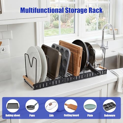 Pot and Pan Organizer Rack for Countertop and Cabinet, Expandable Pot Lid Organizer Holder with 7 Adjustable Compartment for Kitchen Cookware Cake Molds Cutting Boards Storage Rack (1 Pack,Black)