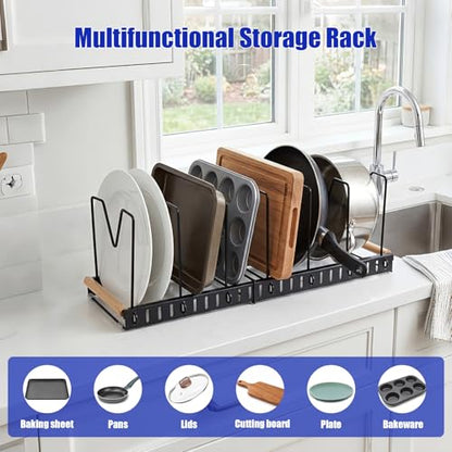 Pot and Pan Organizer Rack for Countertop and Cabinet, Expandable Pot Lid Organizer Holder with 7 Adjustable Compartment for Kitchen Cookware Cake Molds Cutting Boards Storage Rack (1 Pack,Black)