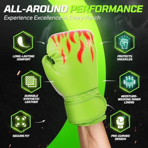 Flexzion Boxing Gloves for Kids 4oz – Training Punching Bag Mitts, Kid Boxing Gloves with Faux Leather & Wrap-Around Wrist Protection for Boys & Girls Ages 3-8 Years - color: Green Blaze