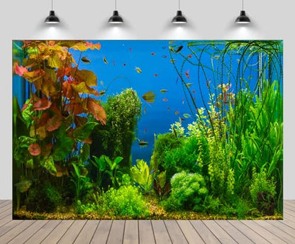 5x4ft Fish Tank Backdrop Aquarium Underwater Grass Leaves Aquatic Plant River Bed Lake Fish Background Diving Holiday Fishing Party Decoration Photo Props Wallpaper