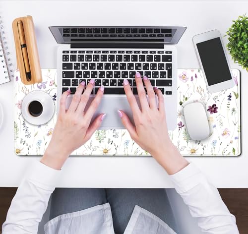 White Floral Desk Mat Cute Flowers Desk Pad Aesthetic Sage Mouse Pad XL Large Mousepad Desk Matt for Desktop, Laptop Pad Mat Keyboard and Mouse Mat for Women Office Decor Accessories 31.5x11.8 in