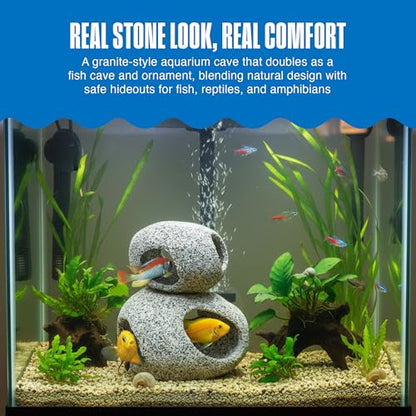 Penn-Plax Deco-Replicas Granite Stone Hideaway, 2 Piece Aquarium Decor Set - Durable, Stackable Fish Cave Ornament for Freshwater & Saltwater Tanks - Ideal for Reptiles & Amphibians, 4 & 5 Inches