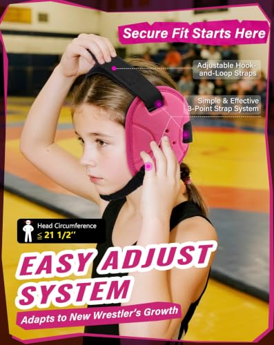 Trymaker Wrestling Headgear, Head Gear for Youth with Chin Cup & Pad - color: Pink Headgear & Black Strap