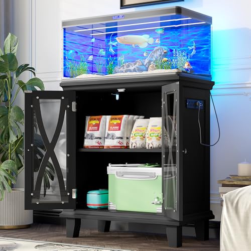 20 Gallon Fish Tank Stand with Cabinet Storage and Power Outlets (4 AC 2 USB), Modern Aquarium Cabinet with Adjustable Shelves, MDF Frame, 298LBS Capacity, Black