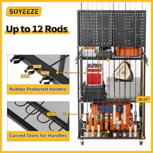 Large Size Fishing Rod Holders for Garage, 3-Tier Fishing Pole Rack with Pegboard and Hooks, Fishing Gear Tackle Box Organizer Up to 12 Rods, Rolling Fishing Storage Cart with Lockable Wheels