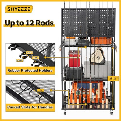 Large Size Fishing Rod Holders for Garage, 3-Tier Fishing Pole Rack with Pegboard and Hooks, Fishing Gear Tackle Box Organizer Up to 12 Rods, Rolling Fishing Storage Cart with Lockable Wheels