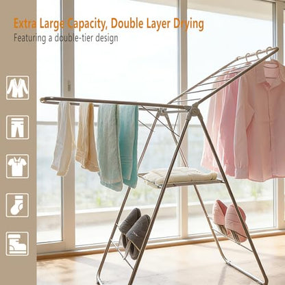 Clothes Drying Rack Foldable -Height Adjustable Laundry Drying Rack Large Space, Winged Laundry Rack with Sock Clips for Hanging Towels Clothes Dress Bedding Indoor Outdoor, Gray - size: 1-Level