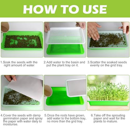 10 Pack Seed Sprouter Tray with Drain Holes - BPA Free Seed Garden Plant Germination Propagation Trays, Soil-Free Wheatgrass Tray Sprouter Microgreens Growing Kit with Germinating Paper