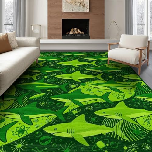 8'x10' Washable Graphic Shark Large Rug, Bright Green Non-Shedding Pet Friendly Carpet for King Size Bedroom, Master Suite, Under Bed, Foldable Easy Care Mat | Ref:2068607 - color: Green/Pattern 48, size: 8' x 10' (Rectangular)