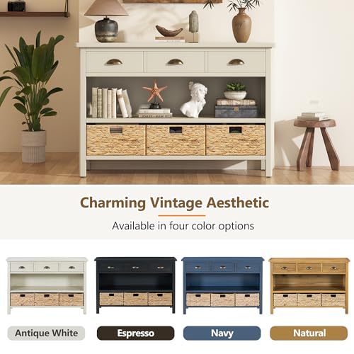 Wood Accent Console Table with Drawer, 3-Tier Entryway Table with Storage Shelves and 3 Water Hyacinth Woven Baskets Sideboard Table Cabinet with Storage - Antique White