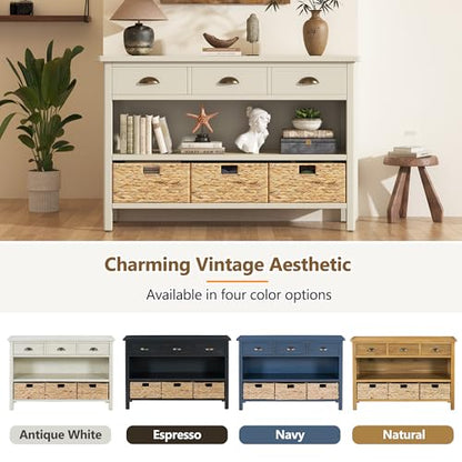Wood Accent Console Table with Drawer, 3-Tier Entryway Table with Storage Shelves and 3 Water Hyacinth Woven Baskets Sideboard Table Cabinet with Storage - Antique White