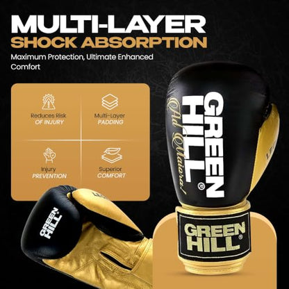 Green Hill Legend Leather Boxing Gloves for Men & Women - color: Black/Golden, size: 16 Oz