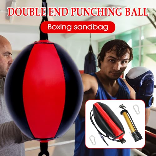 Double End Bag PU Leather Boxing Punching Bag | Includes Carabiners, Needle, Air Pump, Boxing Equipment Enhances Reaction, and Hand Eye Coordination Training - color: Red