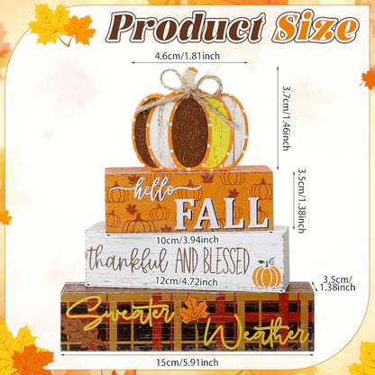 4 Pcs Thanksgiving Decorations Fall Wooden Sign Pumpkin Tiered Tray Decor Hello Fall Table Centerpiece Wood Blocks Table Top Sign for Home - style: Pumpkin