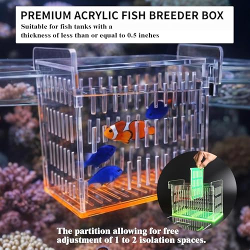 Fish Breeder Box for Aquarium, Acrylic Hatchery Incubator with Long Handle Net - Breeding & Isolation Box for Baby Fish, Shrimp, Betta Guppy, Tank Divider (Orange, 9x5.3x6.7 in)