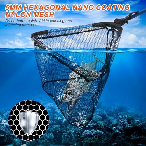Foldable Fishing Net with Aluminum Alloy Rod EVA Handle Durable 5MM Hexagonal Nano Coating Nylon Mesh Collapsible Landing Net Safe Fish Catching or Releasing