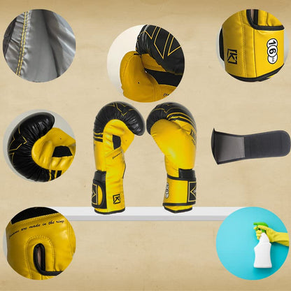 Boxing Gloves & Muay Thai Shin Guards for Men and Women, MMA Kickboxing Shin Pads Set, Adjustable Shin Guards with Instep Protection, Sparring & Martial Arts Training Gear - color: Gray-Yellow, size: 14 oz
