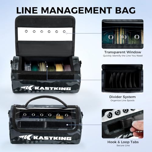 KastKing BaitSpace Line Management Bag, Fishing Line Storage Bag with Water Resistant Nylon, Clear View Window, Removable Divider, Tangle-free Leader Line Holder - color: D: Black Camo-Large