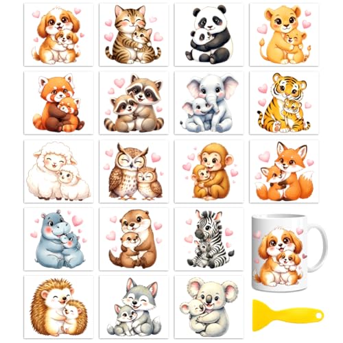 Peacoblue 18 Sheets Rub on Transfers for Crafts, Mother and Baby Animal 3.6"x3.9" UV DTF Cup Wraps Waterproof Rub on Cold Transfers Stickers for Wood Glass Metal Cup Tumblers Mirrors Mugs Home Decor - style: Mother And Baby Animal