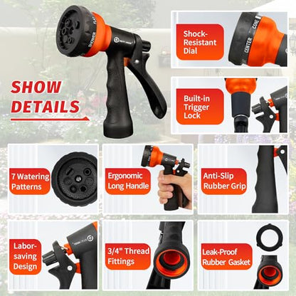 AUTOMAN-Garden-Hose-Nozzle, 2 Pack ABS Water Spray Nozzle with Heavy Duty 7 Adjustable Watering Patterns,Slip Resistant for Watering Plants,Lawn& Garden,Washing Cars,Cleaning, Orange - color: Orange ×2
