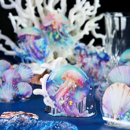 60Pcs Holographic Ocean Life Jellyfish Turtles Stickers - Sea Marine Animal Whales Dolphins Seahorses Stickers for Junk Journal,Scrapbooking Supplies,Planner