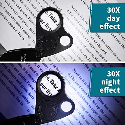 JARLINK 30X 60X Illuminated Jewelers Loupe Magnifier, Foldable Jewelry Magnifier with Bright LED Light for Gems, Jewelry, Coins, Stamps, etc - color: Black