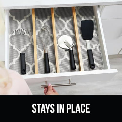 GORILLA GRIP powerGRIP Drawer Shelf and Cabinet Liner, Thick Strong Hold, Non-Adhesive Liners Protect Kitchen Cabinets and Cupboard, Bathroom Drawers, Easy Install, Breathable Mat, 12" x10' Quatrefoil - color: Quatrefoil: Gray/White, style: 12" x 10'