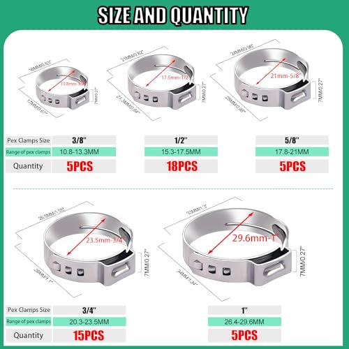 Twidec/48PCS 3/8",1/2",3/4",5/8",1" PEX Cinch Clamps Kit 5 size,Stainless Steel Pex Crimp Rings,Single Ear Hose Clamps For Pex Pipe Fitting Connections N-058-48PCS