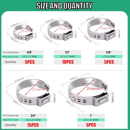 Twidec/48PCS 3/8",1/2",3/4",5/8",1" PEX Cinch Clamps Kit 5 size,Stainless Steel Pex Crimp Rings,Single Ear Hose Clamps For Pex Pipe Fitting Connections N-058-48PCS