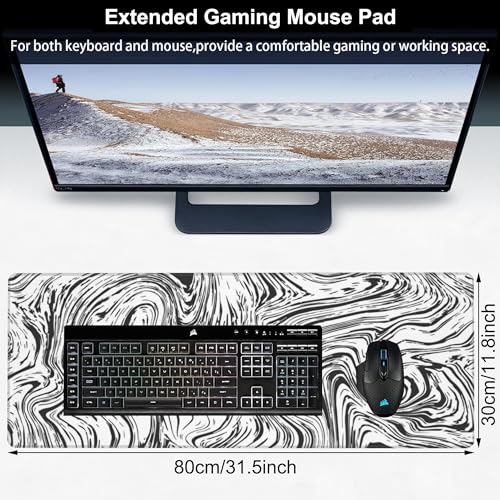 Black and White Marble Desk Mat,Large Abstract Marble Texture Gaming Keyboard Mouse Pad,Non-Slip Rubber Base Desk Pad Thick Stitched Edges Waterproof Mousepad Mouse Mat 31.5"x11.8" - color: White and Black Marble