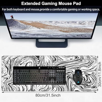 Black and White Marble Desk Mat,Large Abstract Marble Texture Gaming Keyboard Mouse Pad,Non-Slip Rubber Base Desk Pad Thick Stitched Edges Waterproof Mousepad Mouse Mat 31.5"x11.8" - color: White and Black Marble