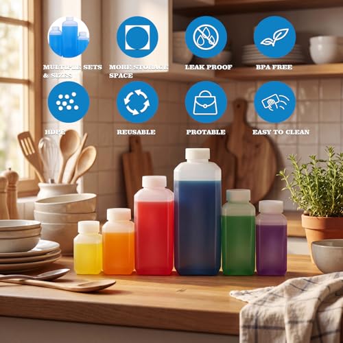 DEMORA 4oz Small Square Plastic Travel Bottles, Reusable Leak Proof Liquid Containers with Caps and Stickers for Pill, Water, Juice (Translucent, 8 Pcs) - color: Translucent