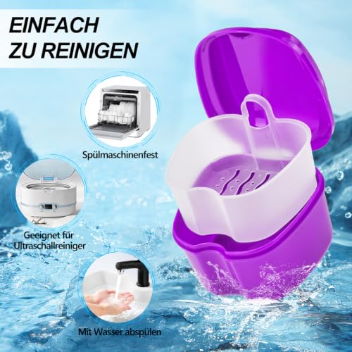 2 Pack Denture Cup Denture Bath Holder Case with Strainer Basket, Dental Retainer Cleaner Case False Teeth Container Denture Bath Soaking Cup with 2 Brushes - Purple and Blue - color: Purple & Blue