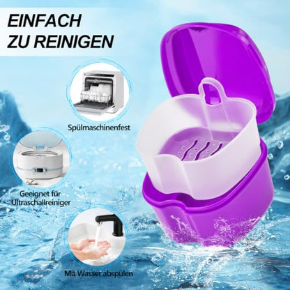 2 Pack Denture Cup Denture Bath Holder Case with Strainer Basket, Dental Retainer Cleaner Case False Teeth Container Denture Bath Soaking Cup with 2 Brushes - Purple and Blue - color: Purple & Blue