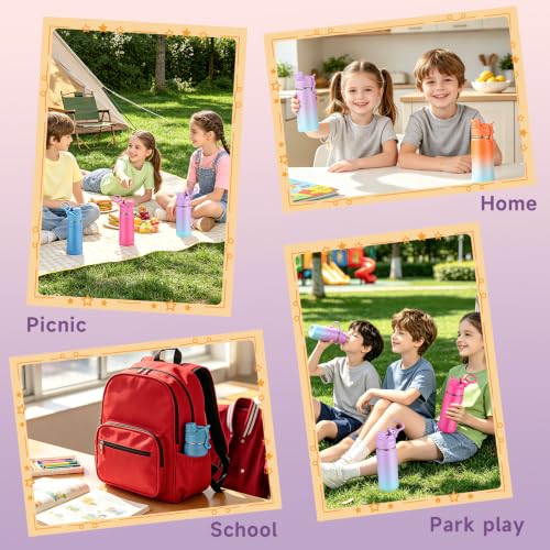 Kids Water Bottle for School Boys Girls，16 oz Water Bottle with 2-in-1 Lid 304 Stainless Steel Insulated Bottle - color: Violet 480
