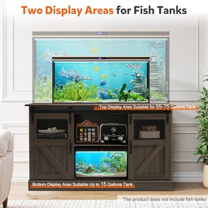 55-75 Gallon Large Fish Tank Stand with Power Outlet, Heavy Duty Aquarium Stand with Sliding Barn Doors, Turtle Reptile Terrarium Stand with Cabinet for Accessories Storage, 1300LBS (Gray)