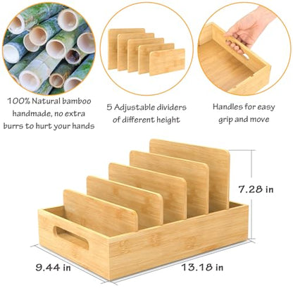 Bamboo Lid Organizer for Plastic Lids, Adjustable Tall Dividers for Cabinet Drawer, Food Container Lid Holder for Kitchen Storage and Organization